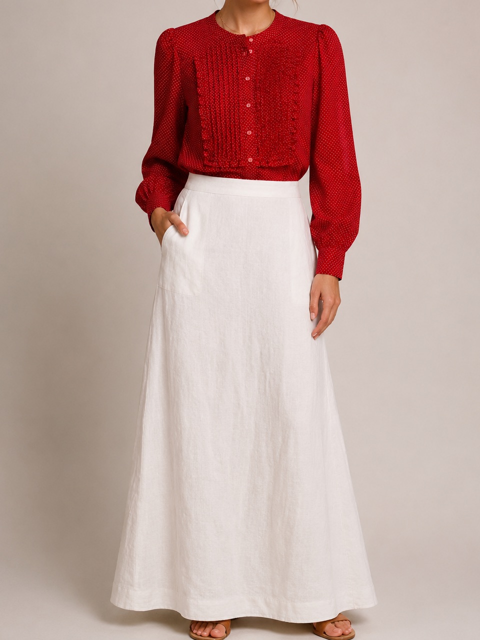 Romantic J. Crew Red Small Polka Dots Tuxedo Ruffle Detail Puffy Sleeves